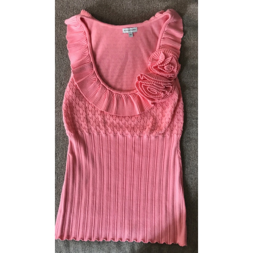 BOSTON PROPER - PINK KNITTED TANK WITH ROSE DETAIL